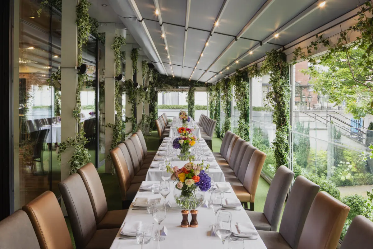 The Terrace at FIRE Steakhouse & Bar, features elegant outdoor dining for private events. The all-weather terrace overlooks The Lord Mayor's Garden and Dawson Street.